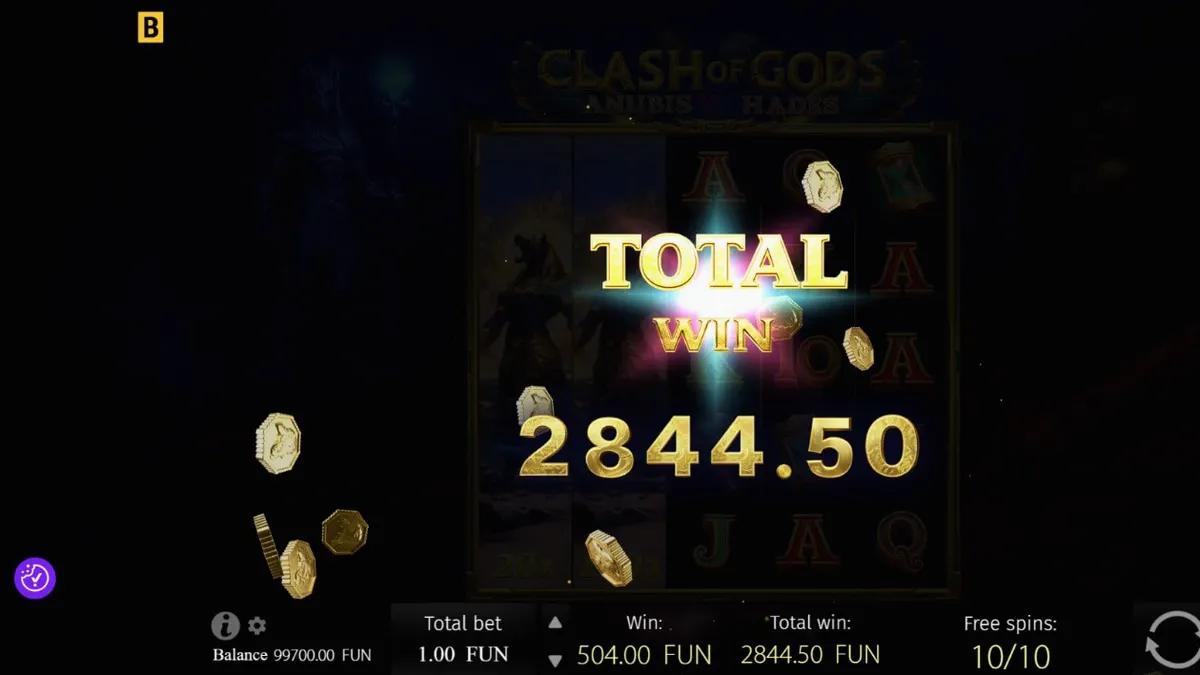 Tampilan visual epik dari slot Clash of Gods: Anubis vs Hades dengan latar belakang pertempuran dewa